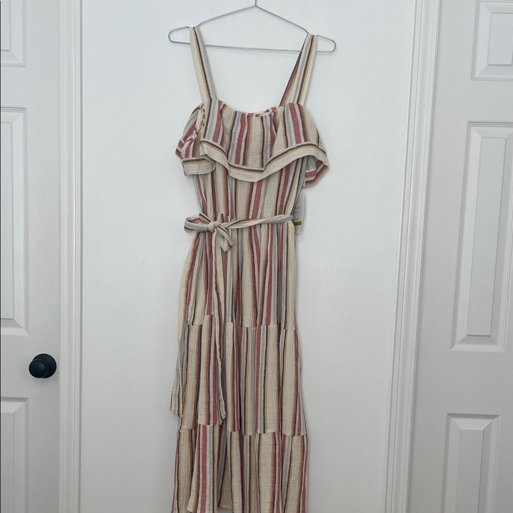 Maison Tara Cotton Cream Striped Multicolor Maxi Dress size 14. NWT
